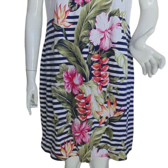 TOMMY BAHAMA Dress, L, White, Blue stripes, Floral print, Short sleeves, Jersey - Picture 5 of 11